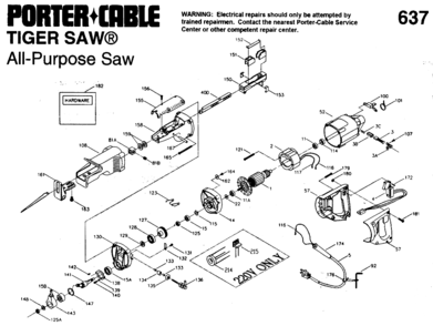 Default Diagram and Parts List for J-637 Type 1 Porter Cable Reciprocating Saw